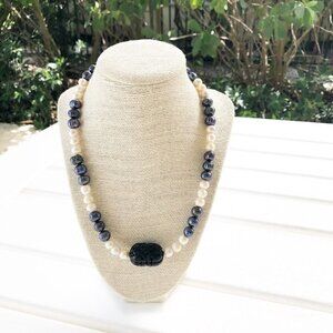 NWT Genuine Carved Cinnabar, Black & White Pearls Beaded Necklace Black White
